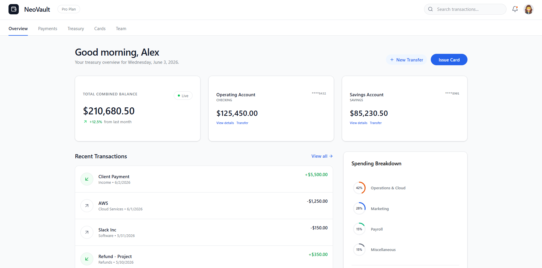 NeoVault - a secure business banking and treasury dashboard interface.