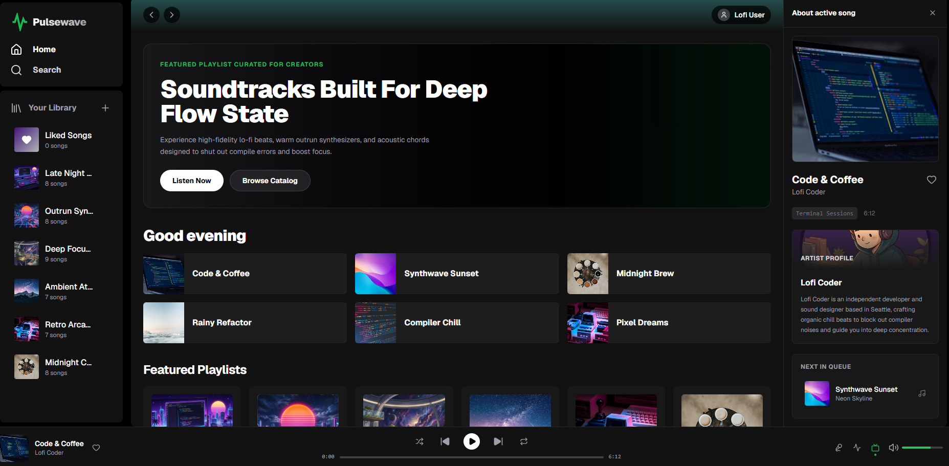Pulsewave - a premium music and audio streaming player dashboard.